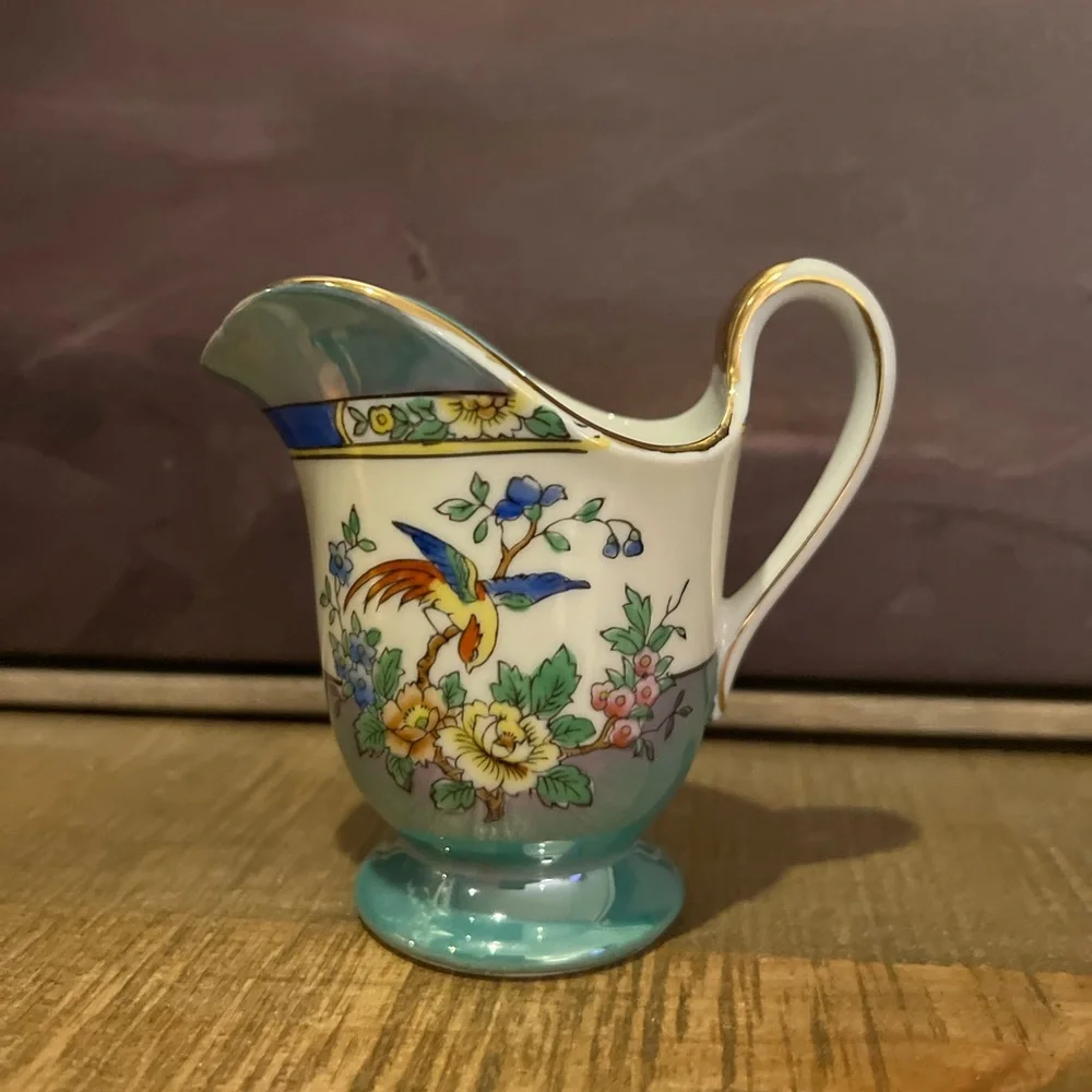 Vintage Noritake Hand Painted Lusterware Cream Blue White Birds Flower Japan